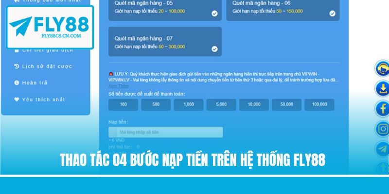 Thao tác 04 bước nạp tiền trên hệ thống Fly88